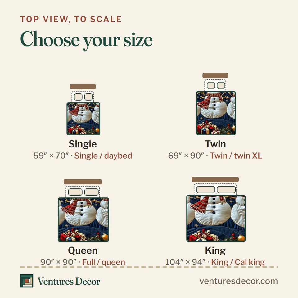 Size guide for the Snowy Companions Navy Bauble Row quilt, top view to scale: Single 59 x 70 in, Twin 69 x 90 in, Queen 90 x 90 in, King 104 x 94 in