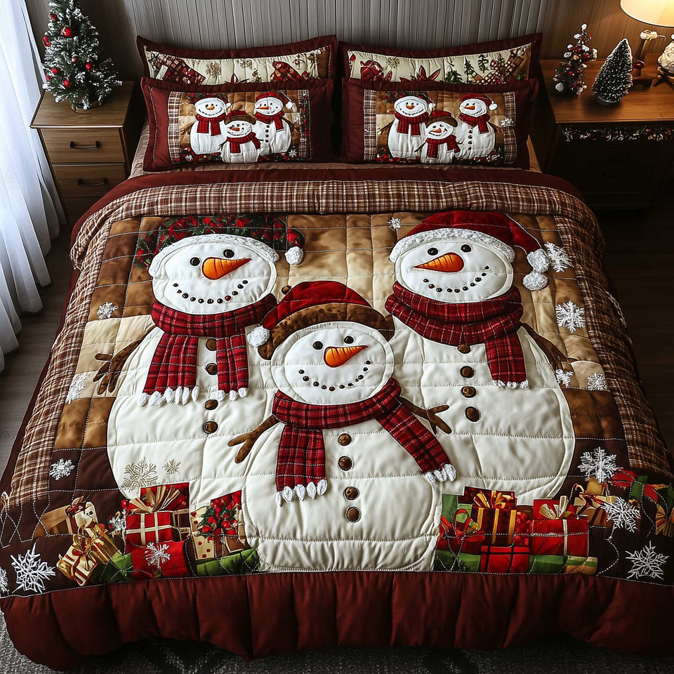 Snowy Companions Tartan Patchwork Trio quilted bedding set, quilt and two pillow shams on a made bed