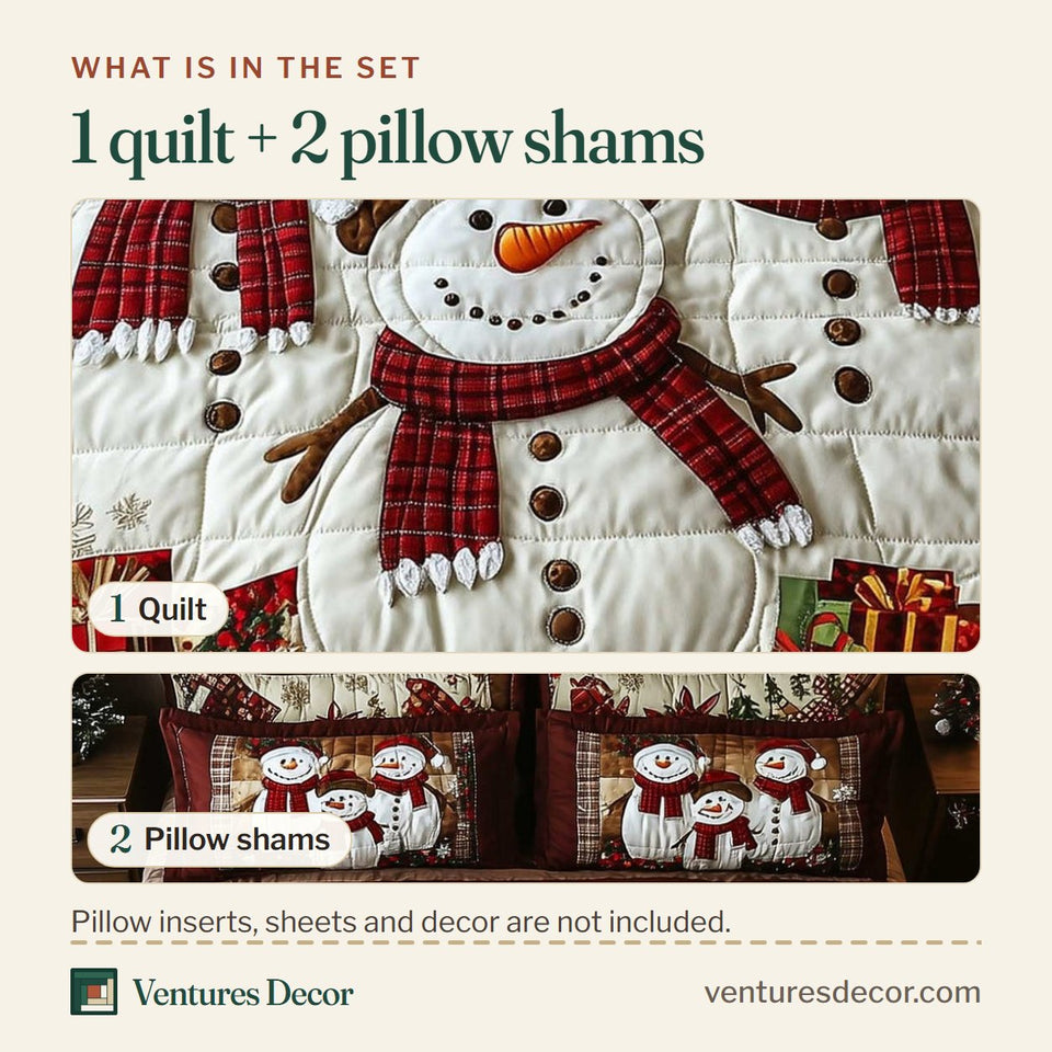 What is in the set: one quilt and two pillow shams, shown in the Snowy Companions Tartan Patchwork Trio design