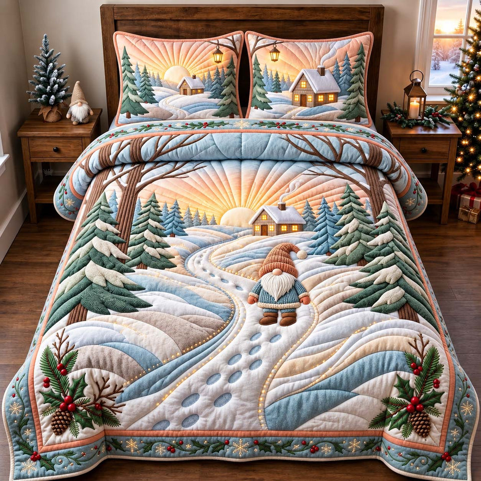 Snowy Gnome Journey quilted bedding set, quilt and two pillow shams on a made bed