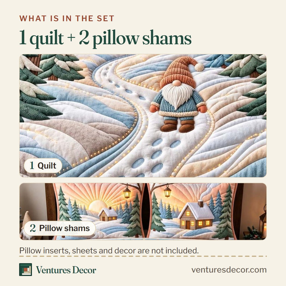 What is in the set: one quilt and two pillow shams, shown in the Snowy Gnome Journey Quilt Set, 3-Piece Quilted Bedding with 2 Pillow Shams design