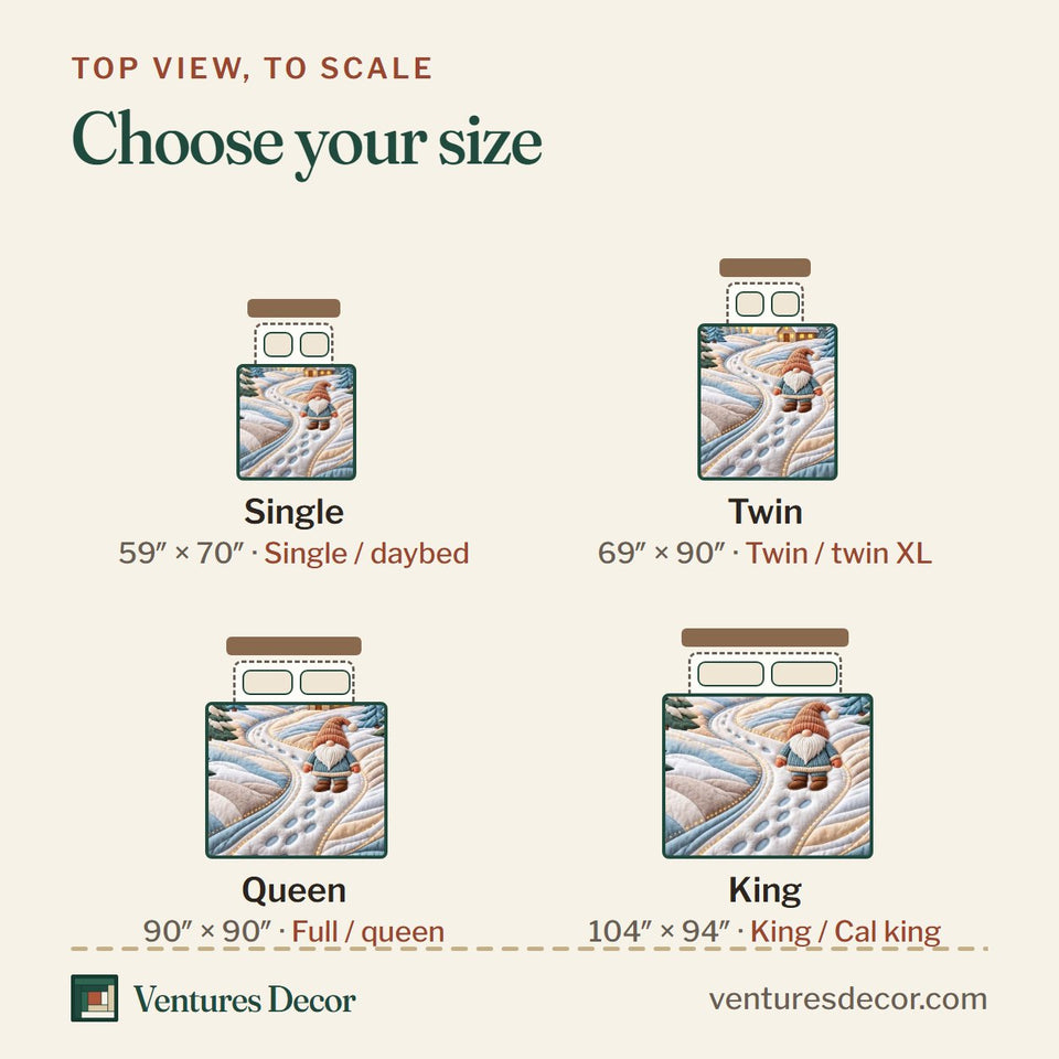 Size guide for the Snowy Gnome Journey Quilt Set, 3-Piece Quilted Bedding with 2 Pillow Shams quilt, top view to scale: Single 59 x 70 in, Twin 69 x 90 in, Queen 90 x 90 in, King 104 x 94 in