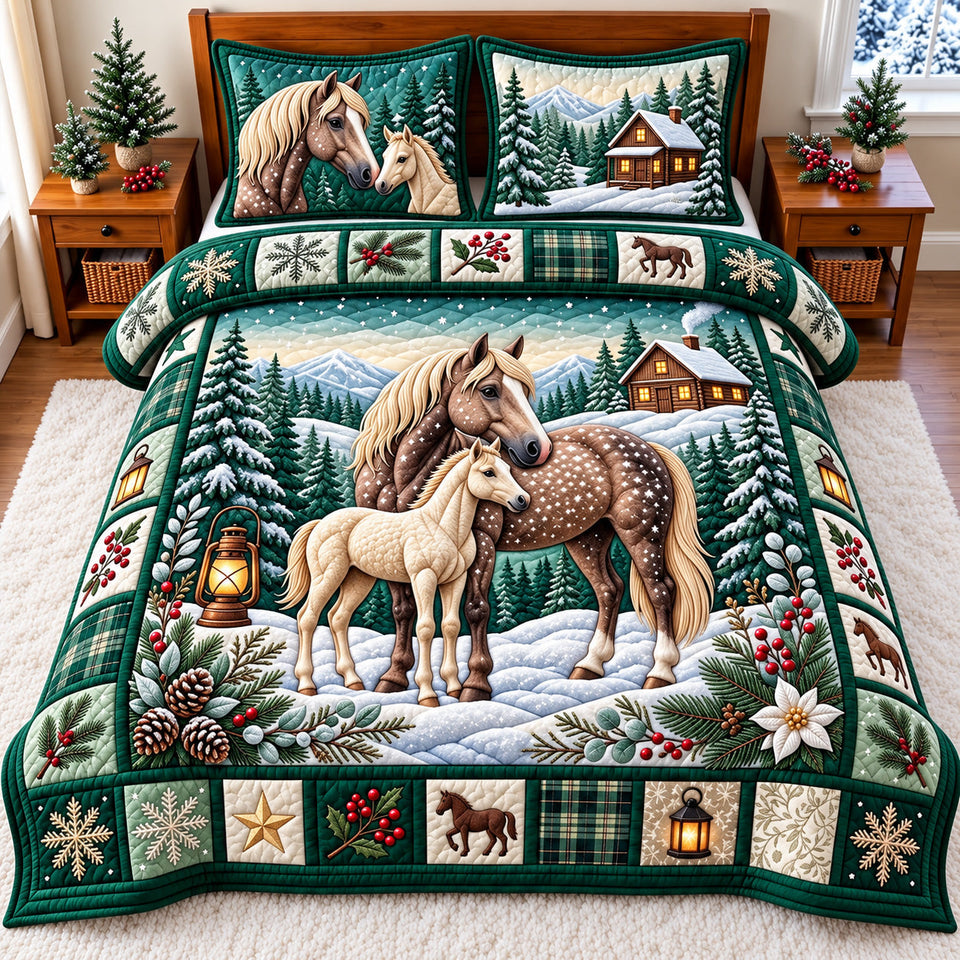 Snowy Horse Animal quilted bedding set, quilt and two pillow shams on a made bed