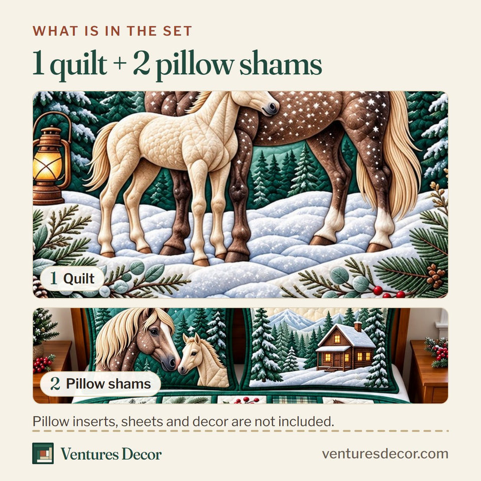 What is in the set: one quilt and two pillow shams, shown in the Snowy Horse Animal Quilt Set, 3-Piece Quilted Bedding with 2 Pillow Shams design