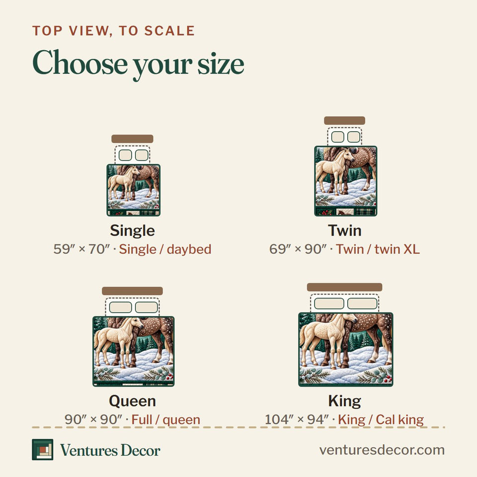 Size guide for the Snowy Horse Animal Quilt Set, 3-Piece Quilted Bedding with 2 Pillow Shams quilt, top view to scale: Single 59 x 70 in, Twin 69 x 90 in, Queen 90 x 90 in, King 104 x 94 in
