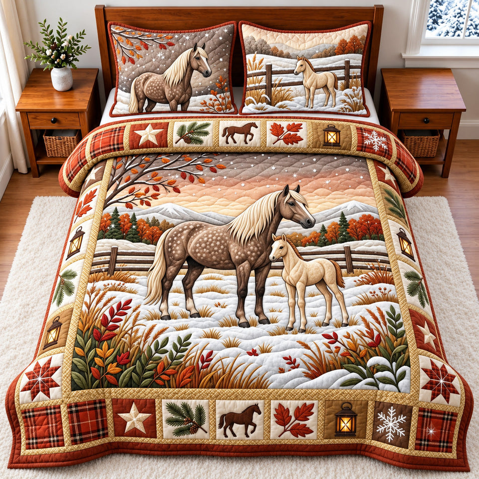 Snowy Horse Christmas quilted bedding set, quilt and two pillow shams on a made bed