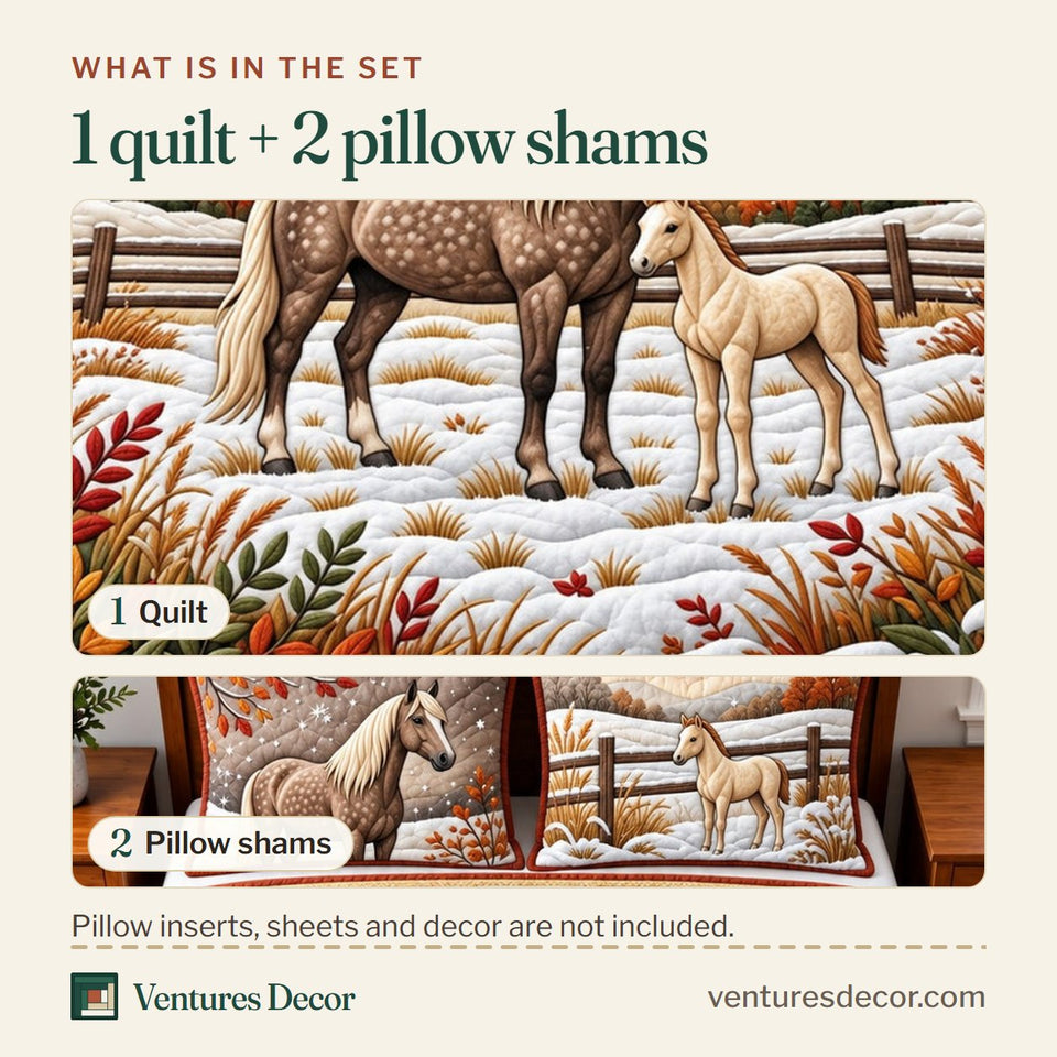 What is in the set: one quilt and two pillow shams, shown in the Snowy Horse Christmas Quilt Set, 3-Piece Quilted Bedding with 2 Pillow Shams design