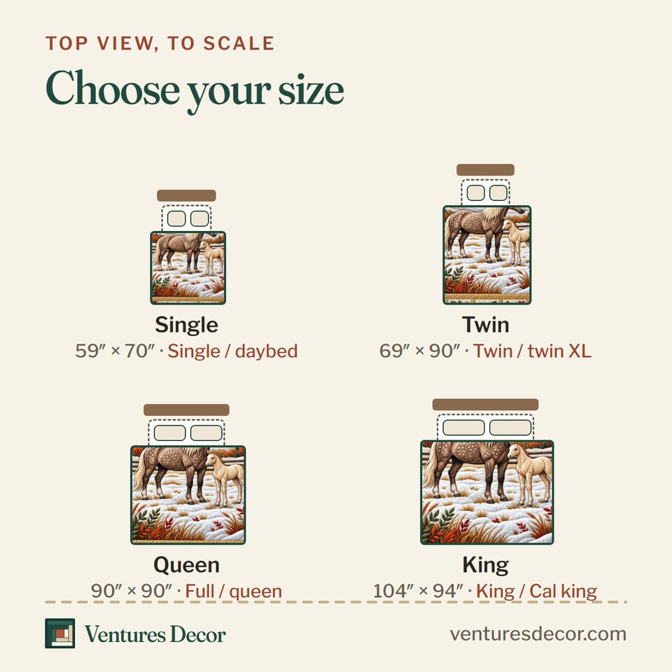 Size guide for the Snowy Horse Christmas Quilt Set, 3-Piece Quilted Bedding with 2 Pillow Shams quilt, top view to scale: Single 59 x 70 in, Twin 69 x 90 in, Queen 90 x 90 in, King 104 x 94 in
