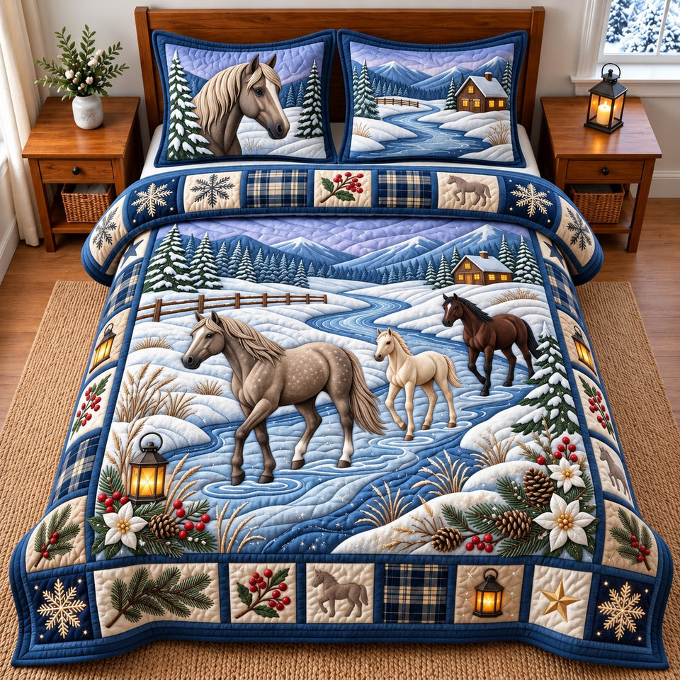 Snowy Horse Farm quilted bedding set, quilt and two pillow shams on a made bed