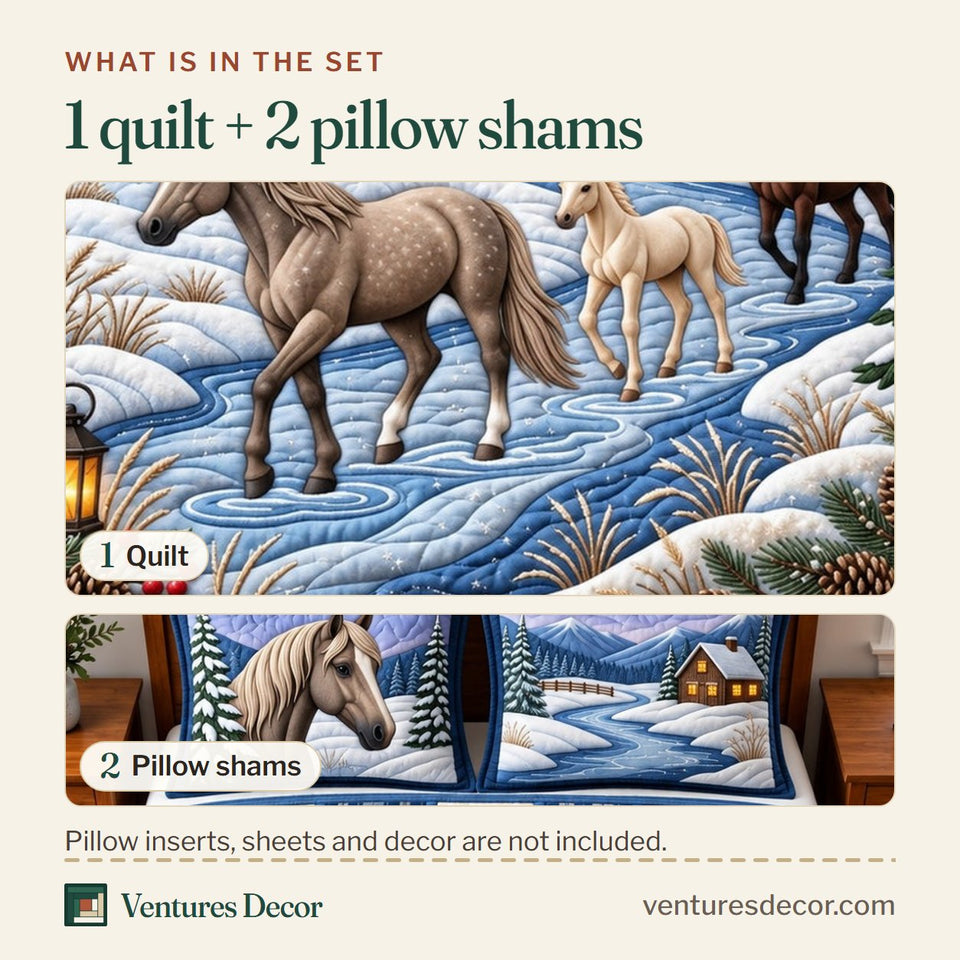 What is in the set: one quilt and two pillow shams, shown in the Snowy Horse Farm Quilt Set, 3-Piece Quilted Bedding with 2 Pillow Shams design