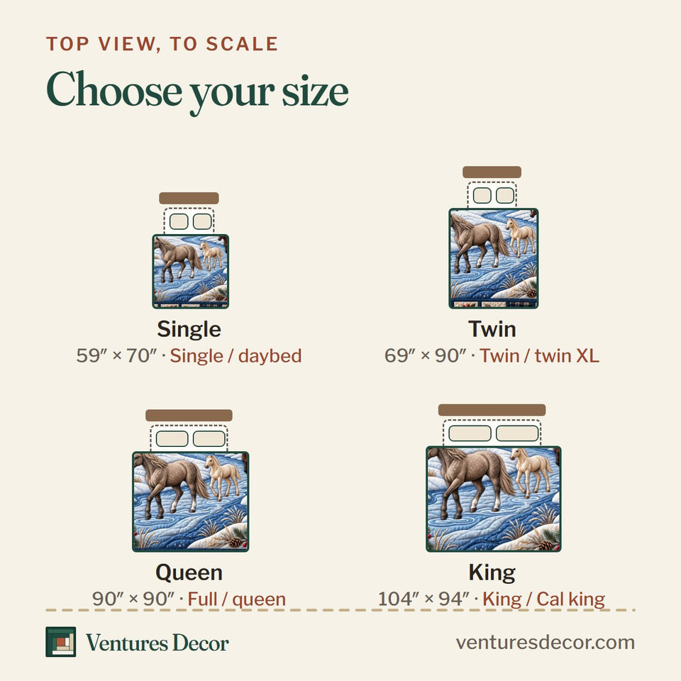 Size guide for the Snowy Horse Farm Quilt Set, 3-Piece Quilted Bedding with 2 Pillow Shams quilt, top view to scale: Single 59 x 70 in, Twin 69 x 90 in, Queen 90 x 90 in, King 104 x 94 in