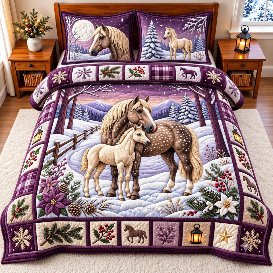 Snowy Horse Holiday quilted bedding set, quilt and two pillow shams on a made bed
