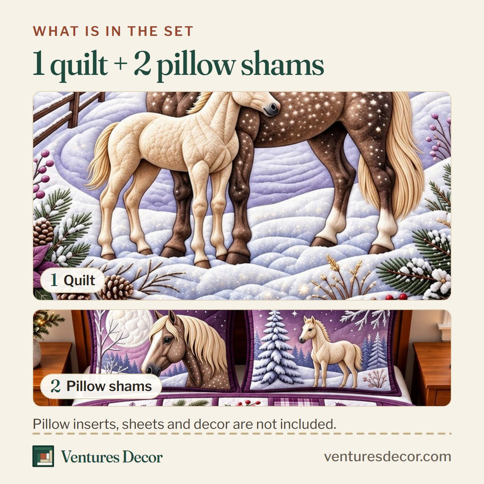 What is in the set: one quilt and two pillow shams, shown in the Snowy Horse Holiday Quilt Set, 3-Piece Quilted Bedding with 2 Pillow Shams design