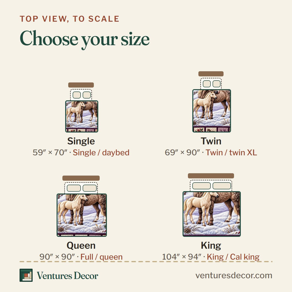 Size guide for the Snowy Horse Holiday Quilt Set, 3-Piece Quilted Bedding with 2 Pillow Shams quilt, top view to scale: Single 59 x 70 in, Twin 69 x 90 in, Queen 90 x 90 in, King 104 x 94 in