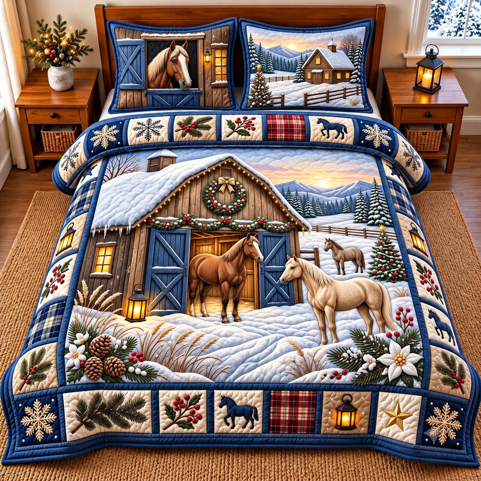 Snowy Horse Winter quilted bedding set, quilt and two pillow shams on a made bed