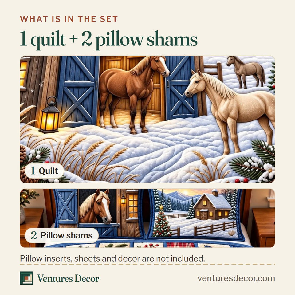 What is in the set: one quilt and two pillow shams, shown in the Snowy Horse Winter Quilt Set, 3-Piece Quilted Bedding with 2 Pillow Shams design