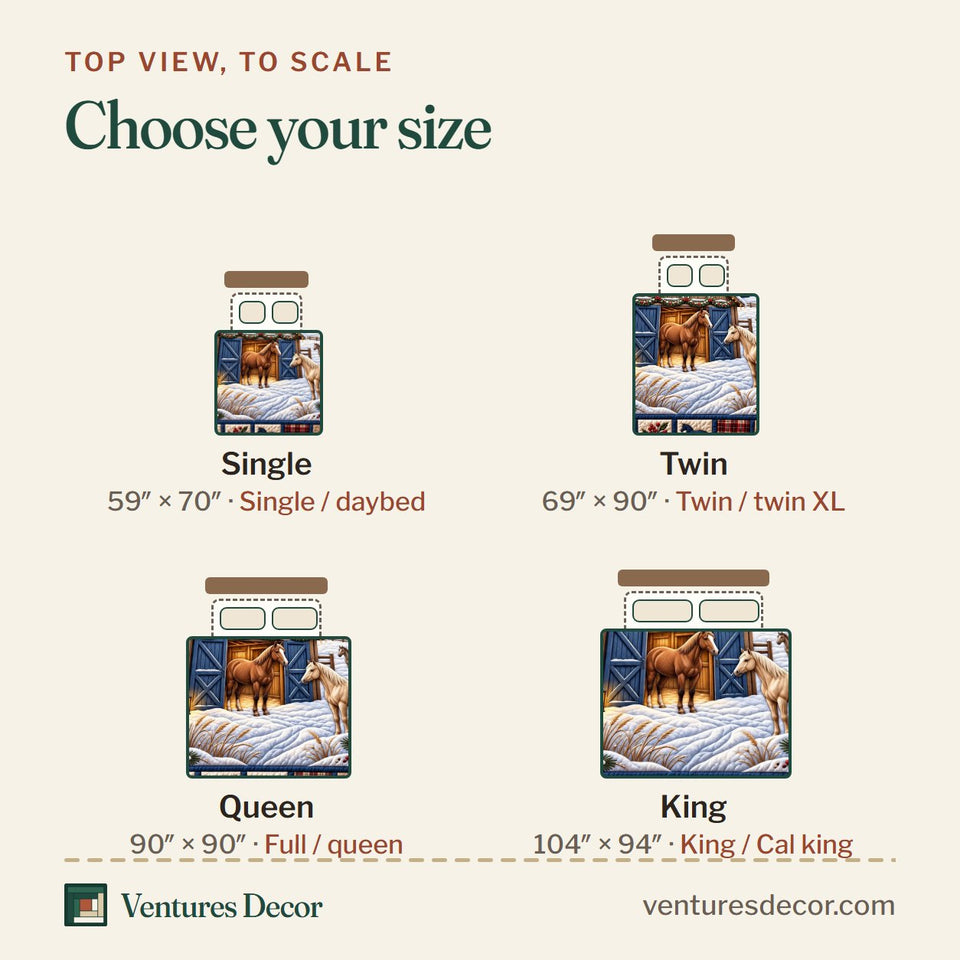 Size guide for the Snowy Horse Winter Quilt Set, 3-Piece Quilted Bedding with 2 Pillow Shams quilt, top view to scale: Single 59 x 70 in, Twin 69 x 90 in, Queen 90 x 90 in, King 104 x 94 in