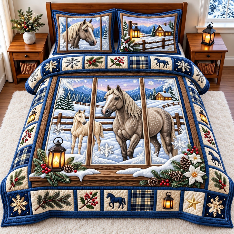 Snowy Horse Xmas quilted bedding set, quilt and two pillow shams on a made bed