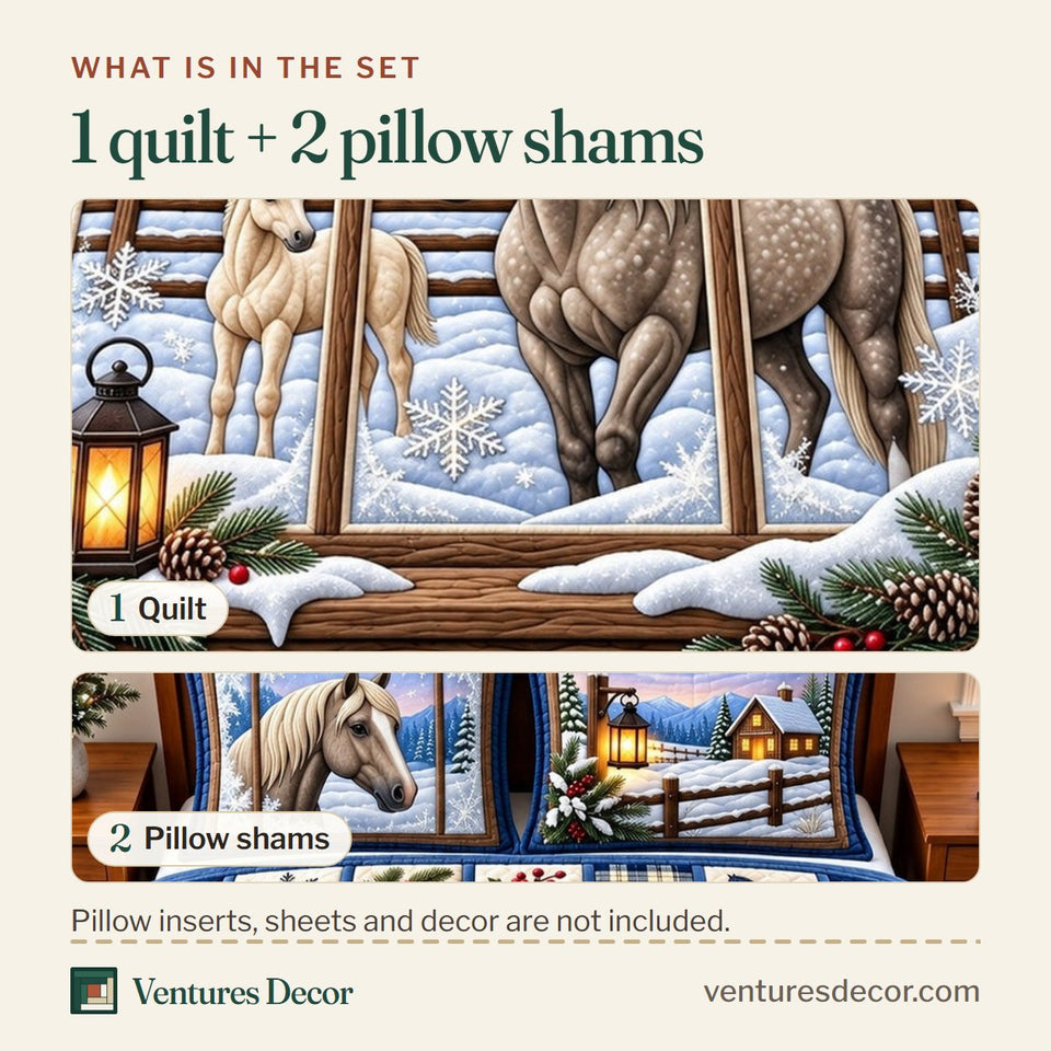 What is in the set: one quilt and two pillow shams, shown in the Snowy Horse Xmas Quilt Set, 3-Piece Quilted Bedding with 2 Pillow Shams design