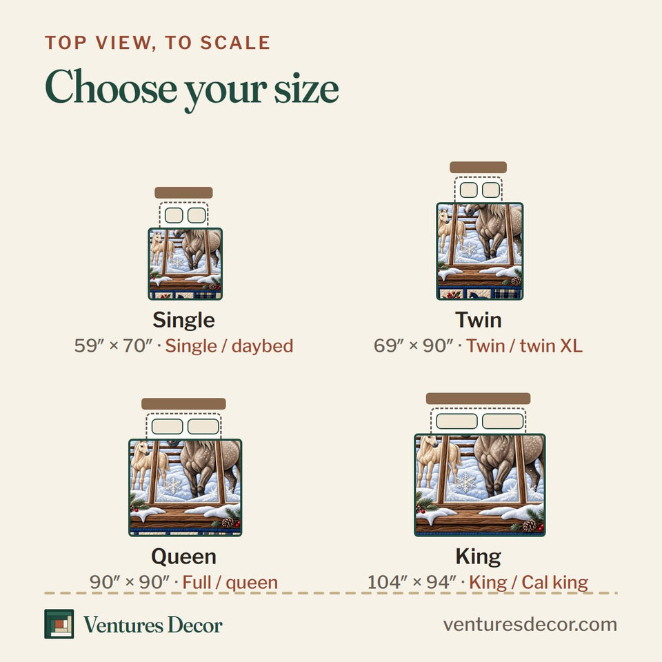 Size guide for the Snowy Horse Xmas Quilt Set, 3-Piece Quilted Bedding with 2 Pillow Shams quilt, top view to scale: Single 59 x 70 in, Twin 69 x 90 in, Queen 90 x 90 in, King 104 x 94 in