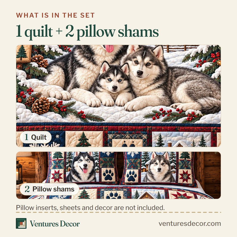 What is in the set: one quilt and two pillow shams, shown in the Snowy Husky Family Quilt Set, 3-Piece Quilted Bedding with 2 Pillow Shams design