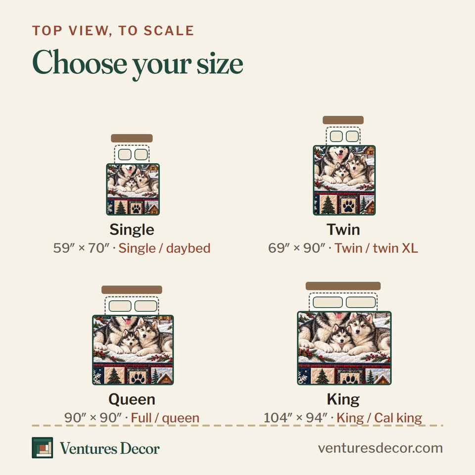 Size guide for the Snowy Husky Family Quilt Set, 3-Piece Quilted Bedding with 2 Pillow Shams quilt, top view to scale: Single 59 x 70 in, Twin 69 x 90 in, Queen 90 x 90 in, King 104 x 94 in