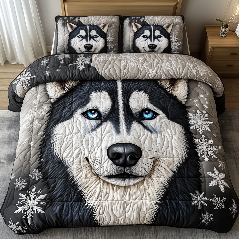 Snowy Siberian Guardian quilted bedding set, quilt and two pillow shams on a made bed