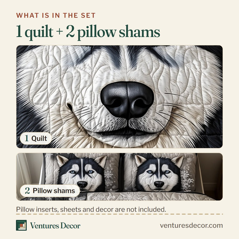What is in the set: one quilt and two pillow shams, shown in the Snowy Siberian Guardian design
