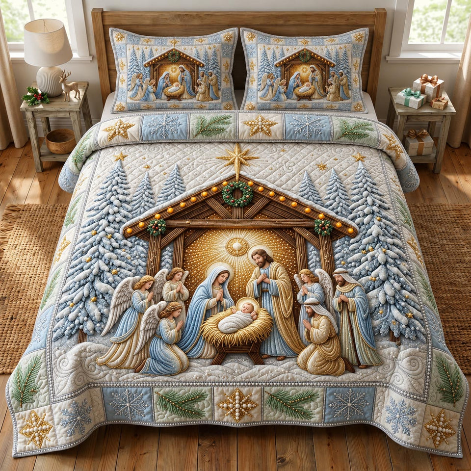 Snowy Stable Starlight quilted bedding set, quilt and two pillow shams on a made bed