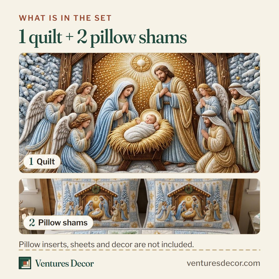 What is in the set: one quilt and two pillow shams, shown in the Snowy Stable Starlight design