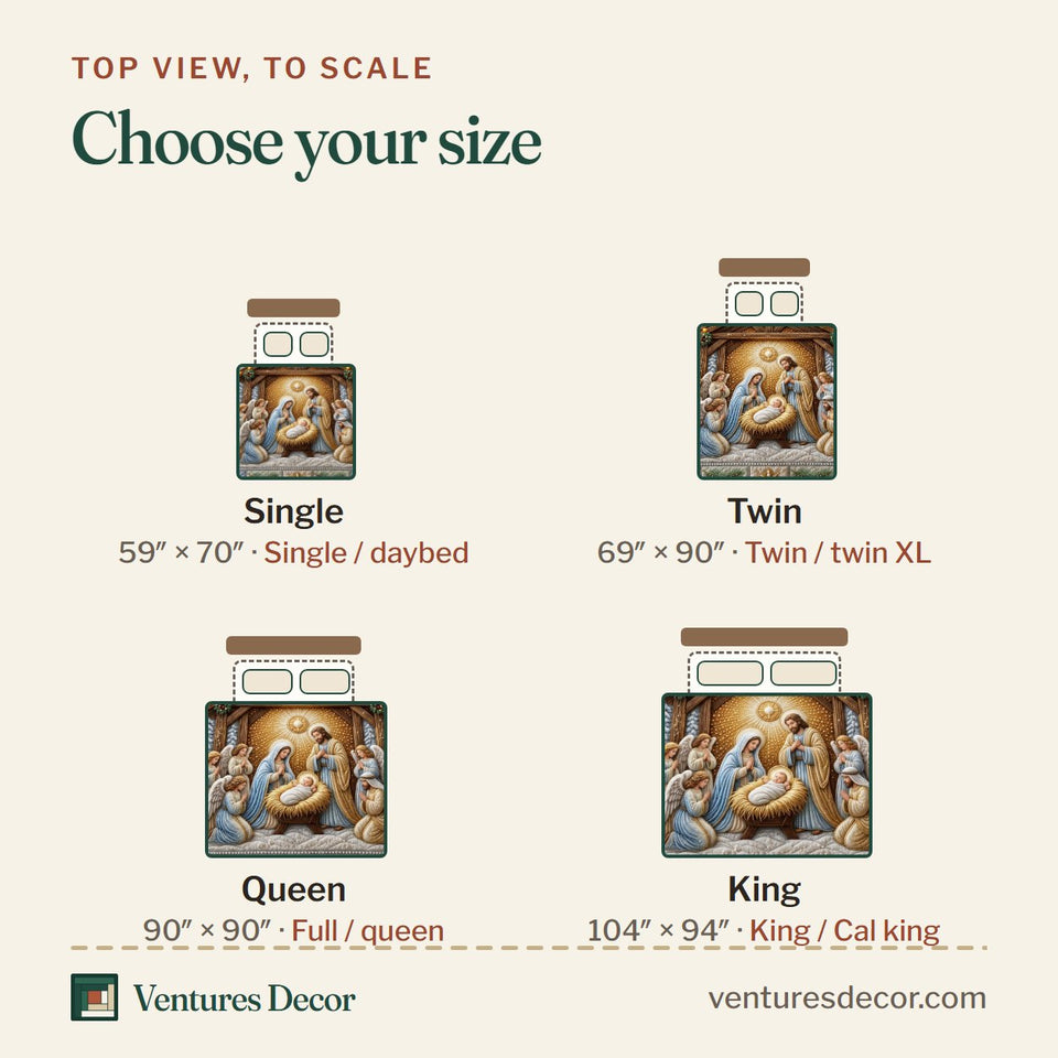 Size guide for the Snowy Stable Starlight quilt, top view to scale: Single 59 x 70 in, Twin 69 x 90 in, Queen 90 x 90 in, King 104 x 94 in