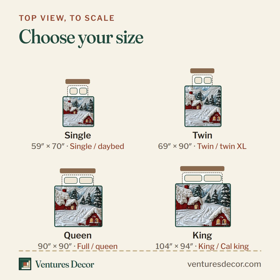 Size guide for the Snowy Town Sleigh Under a Blue Sky quilt, top view to scale: Single 59 x 70 in, Twin 69 x 90 in, Queen 90 x 90 in, King 104 x 94 in
