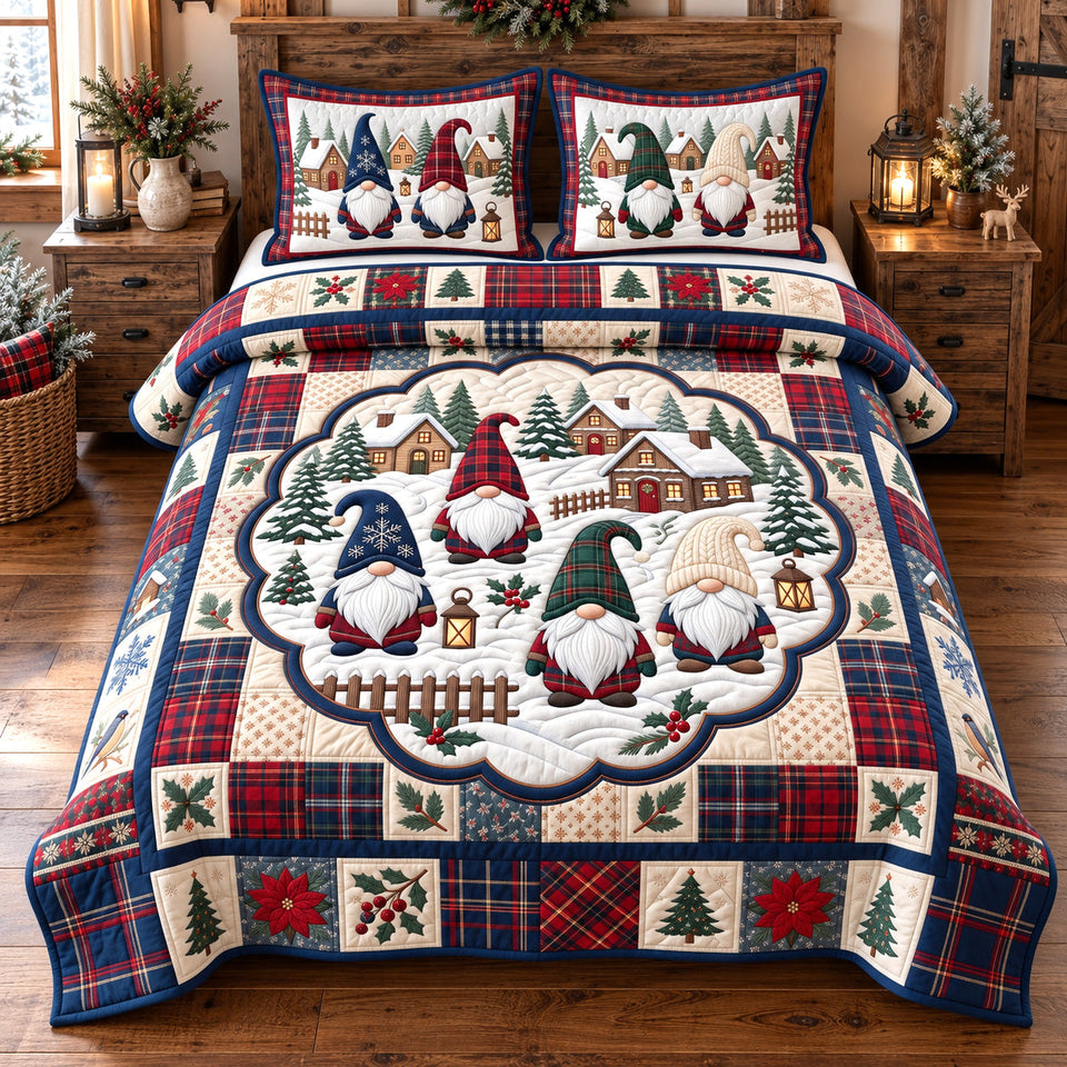 Snowy Village Gnomes quilted bedding set, quilt and two pillow shams on a made bed