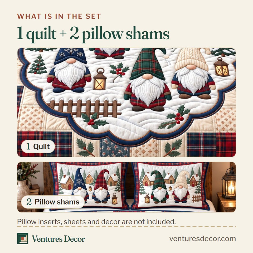 What is in the set: one quilt and two pillow shams, shown in the Snowy Village Gnomes Quilt Set, 3-Piece Quilted Bedding with 2 Pillow Shams design
