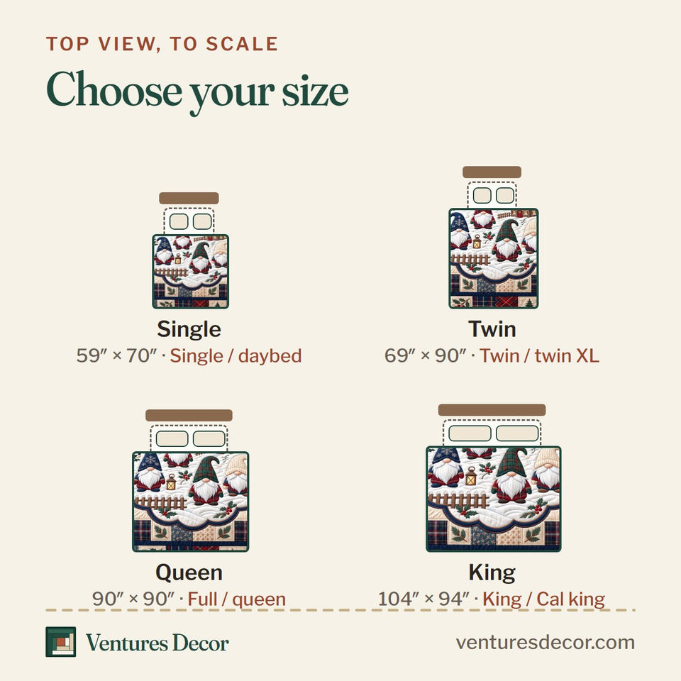 Size guide for the Snowy Village Gnomes Quilt Set, 3-Piece Quilted Bedding with 2 Pillow Shams quilt, top view to scale: Single 59 x 70 in, Twin 69 x 90 in, Queen 90 x 90 in, King 104 x 94 in