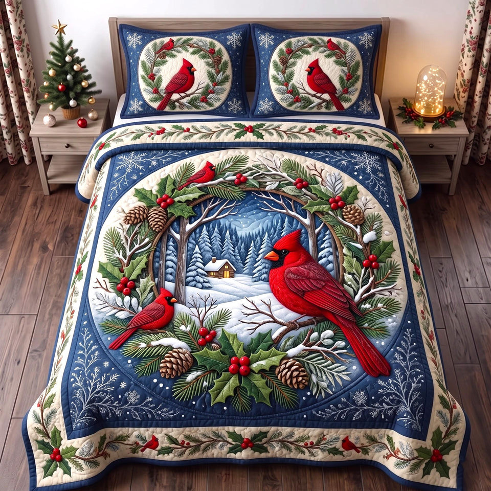 Snowy Window Wreath Cardinal quilted bedding set, quilt and two pillow shams on a made bed