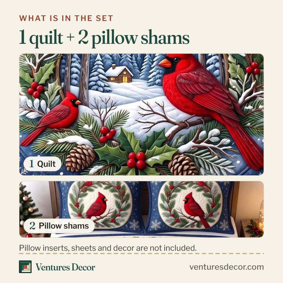What is in the set: one quilt and two pillow shams, shown in the Snowy Window Wreath Cardinal design