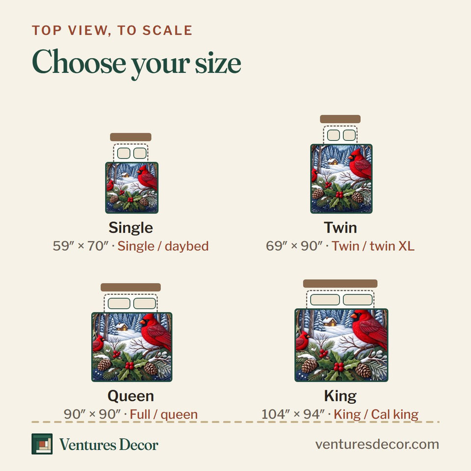 Size guide for the Snowy Window Wreath Cardinal quilt, top view to scale: Single 59 x 70 in, Twin 69 x 90 in, Queen 90 x 90 in, King 104 x 94 in