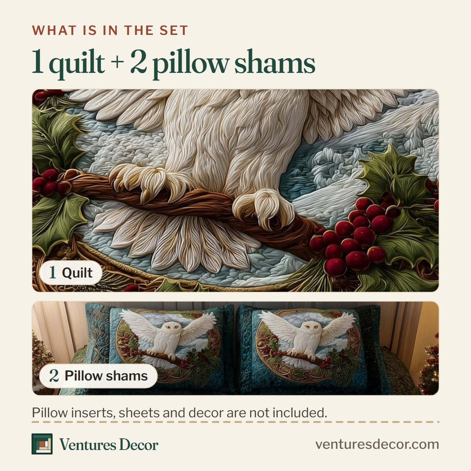 What is in the set: one quilt and two pillow shams, shown in the Snowy Wings design
