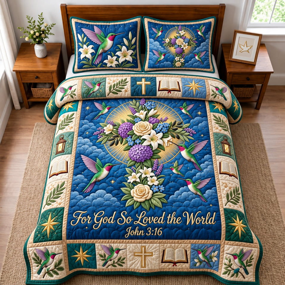 So Loved The World quilted bedding set, quilt and two pillow shams on a made bed