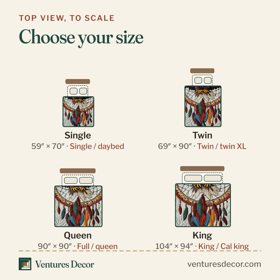 Size guide for the Soaring Eagle Dreamcatcher quilt, top view to scale: Single 59 x 70 in, Twin 69 x 90 in, Queen 90 x 90 in, King 104 x 94 in