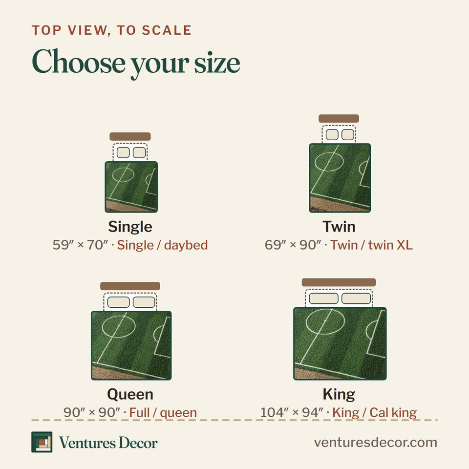 Size guide for the Soccer Field quilt, top view to scale: Single 59 x 70 in, Twin 69 x 90 in, Queen 90 x 90 in, King 104 x 94 in