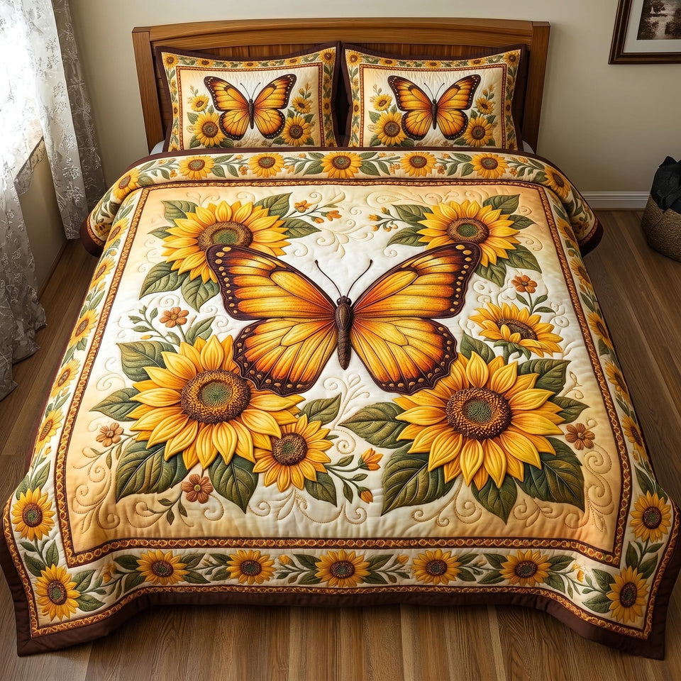 Soft Butterfly quilted bedding set, quilt and two pillow shams on a made bed