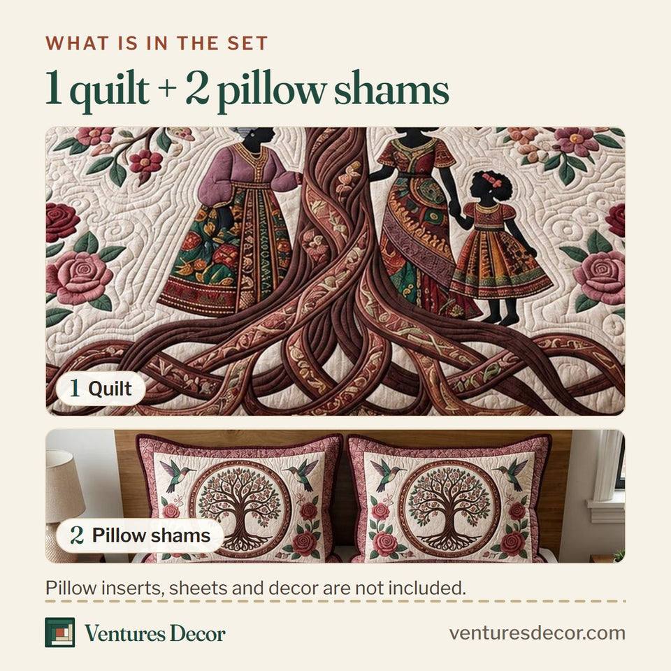 What is in the set: one quilt and two pillow shams, shown in the Soul Roots design