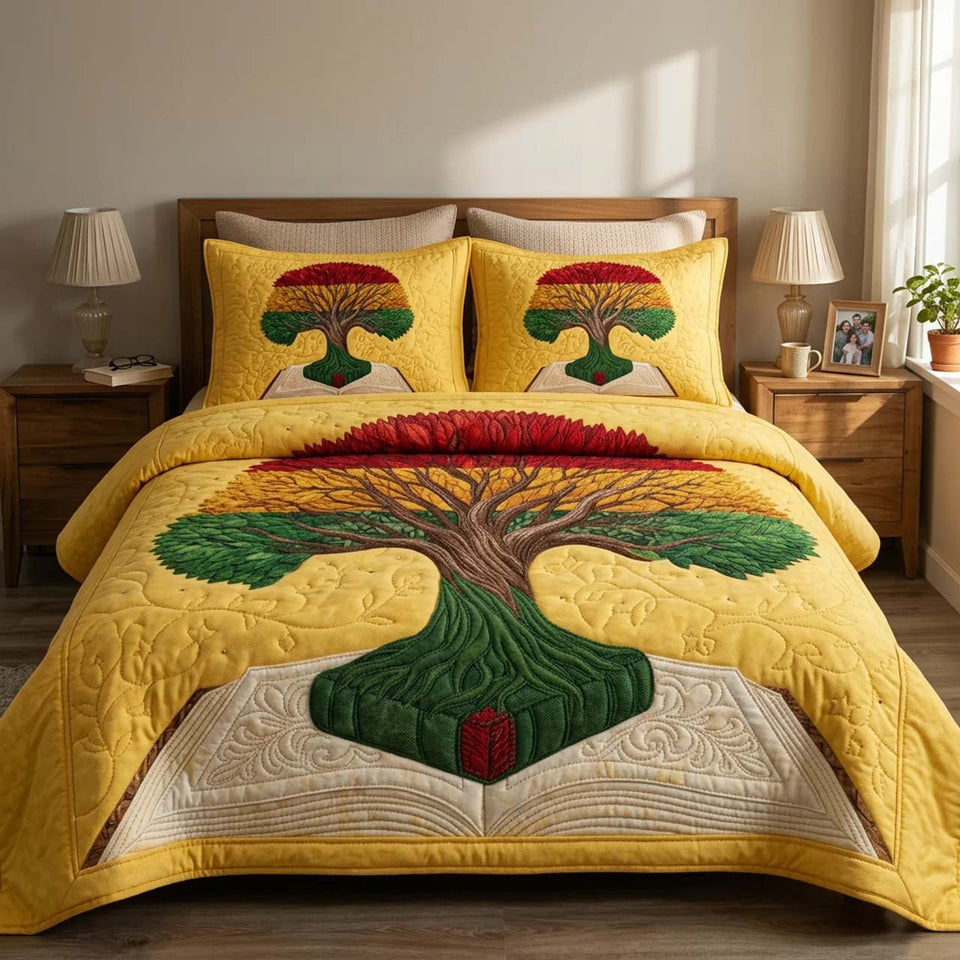 Soulbound Roots Tree Above Open Book quilted bedding set, quilt and two pillow shams on a made bed