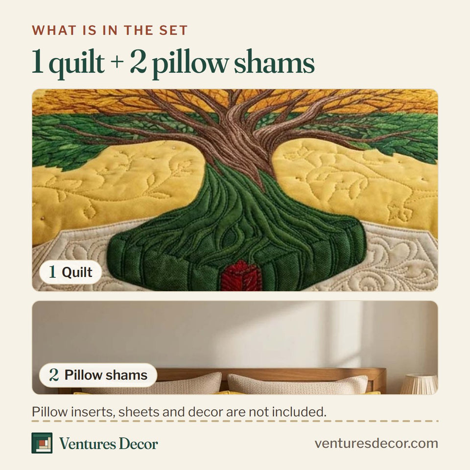 What is in the set: one quilt and two pillow shams, shown in the Soulbound Roots Tree Above Open Book design