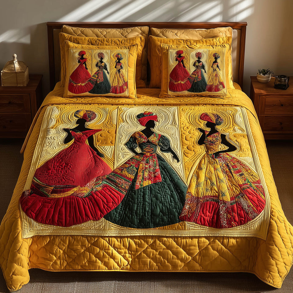 Soulbound Roots Yellow Ground Trio quilted bedding set, quilt and two pillow shams on a made bed