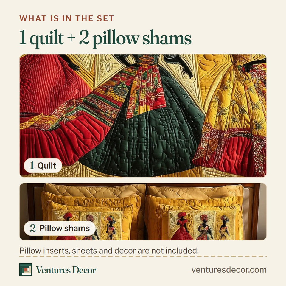 What is in the set: one quilt and two pillow shams, shown in the Soulbound Roots Yellow Ground Trio design