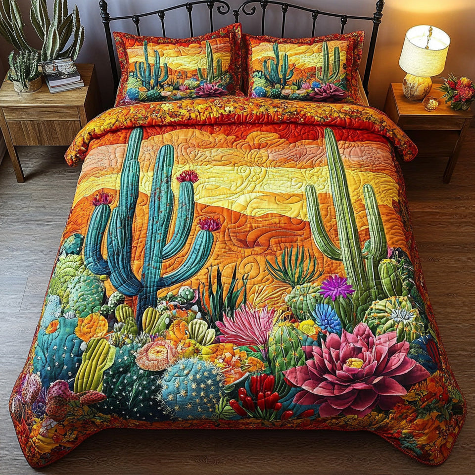 Southwest Flora Sunset Tapestry quilted bedding set, quilt and two pillow shams on a made bed