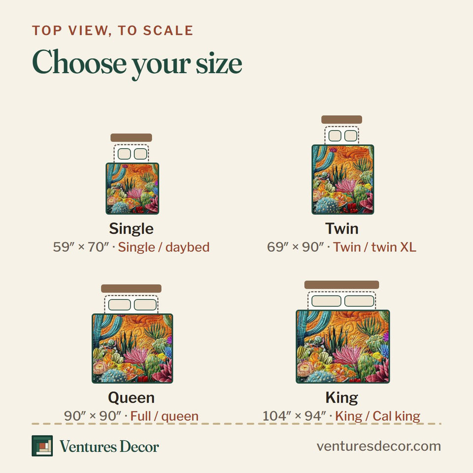Size guide for the Southwest Flora Sunset Tapestry quilt, top view to scale: Single 59 x 70 in, Twin 69 x 90 in, Queen 90 x 90 in, King 104 x 94 in